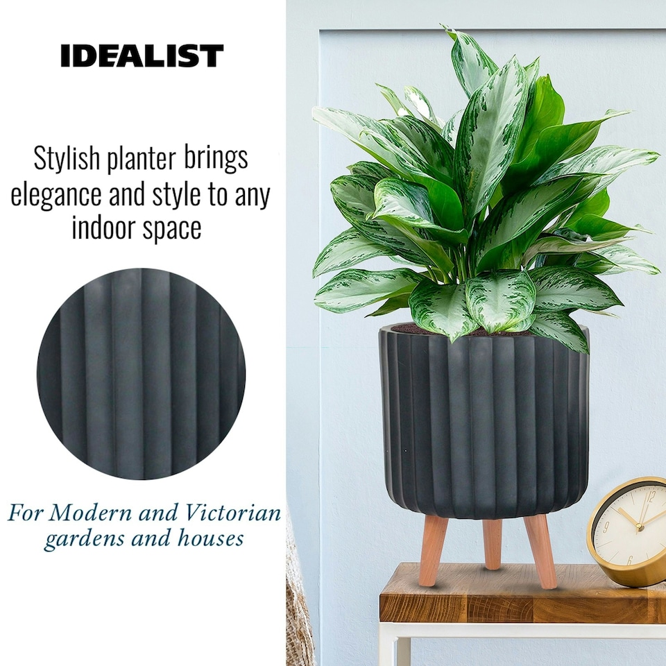 image 1 of Modern Ribbed Black Cylinder Planter on Legs, Round Pot Plant Stand Indoor D24 H32 cm, 7.6 ltrs Cap.