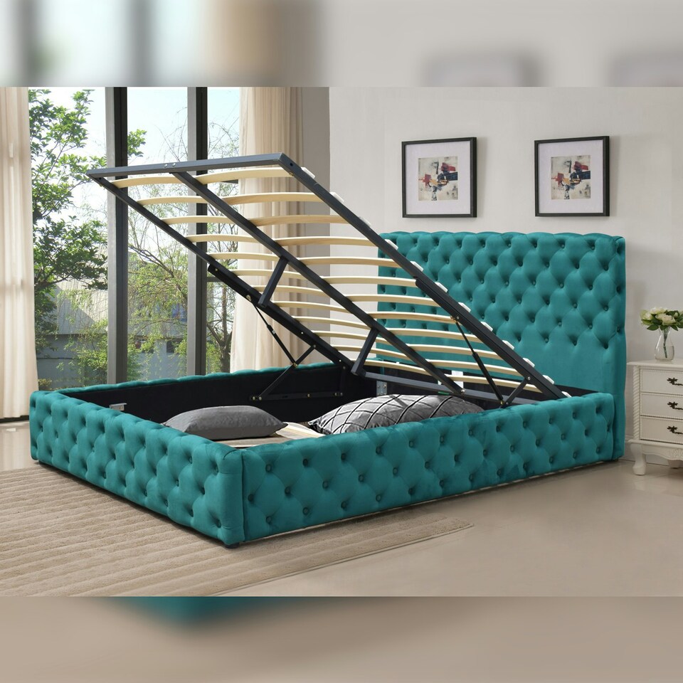 image 1 of 3ft Single Tufted Fabric Gas Lift Ottoman Bed Frame In Green
