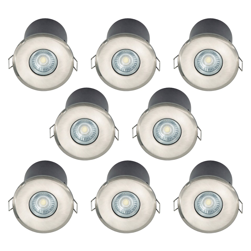 image 1 of Set of 8 Fire Rated Bathroom Recessed Downlights - Brushed Steel IP65 | Chrome | Brushed steel plate and clear glass diffuser | Large | 8