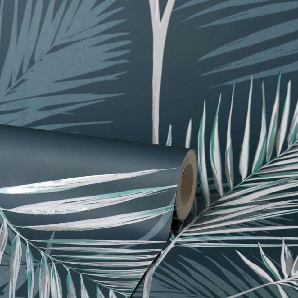image 1 of Fine Decor South Beach Palm Leaf Wallpaper - Navy Blue - One Size Blue