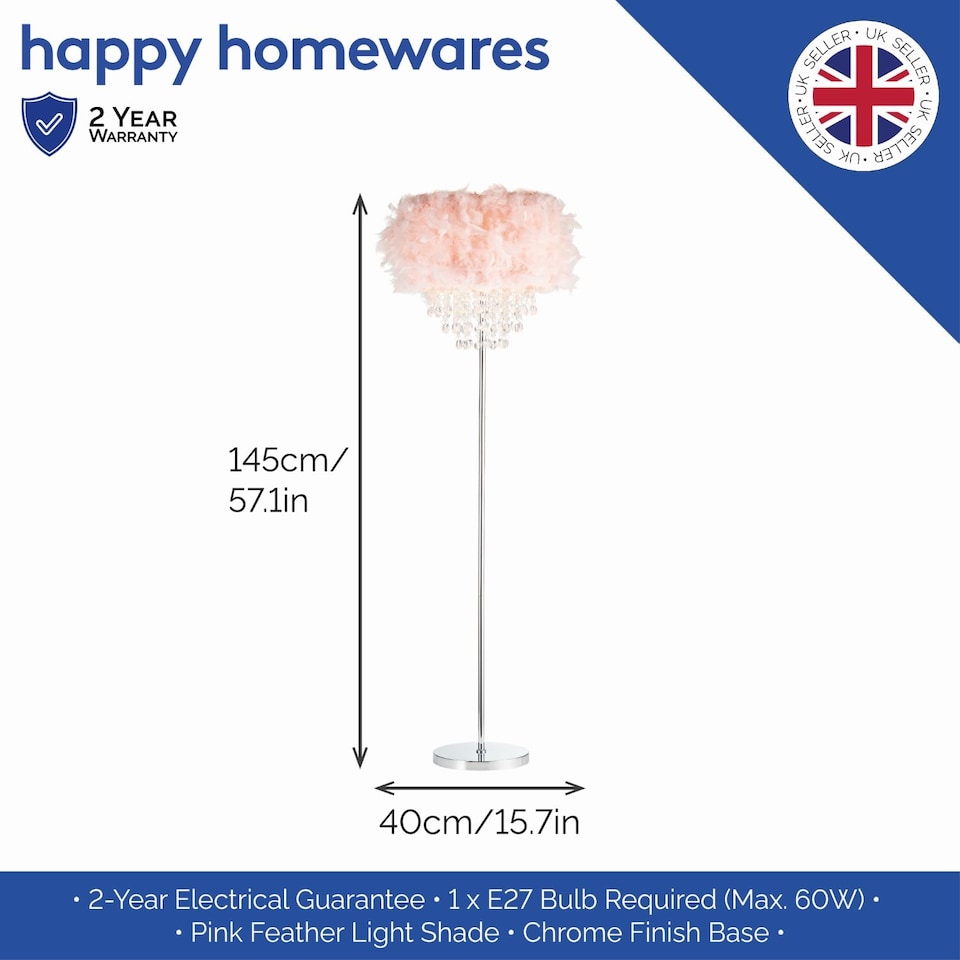 image 1 of Modern Chandelier Style Pink Feather Floor Lamp with Waterfall Acrylic Droplets | Pink | Pink | 1