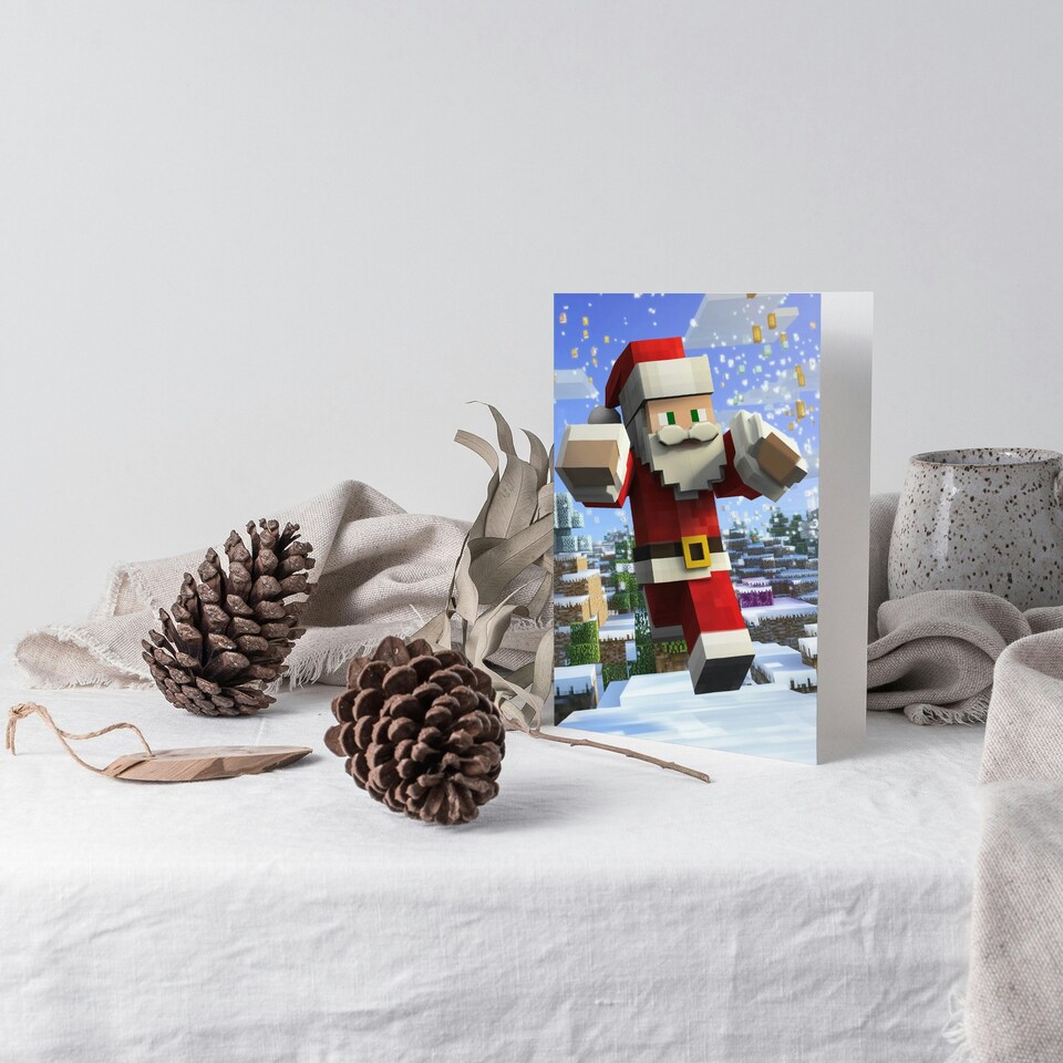image 1 of Santa Claus Winter Block World Video Game Design Blank For Him Or Her Art Christmas Card