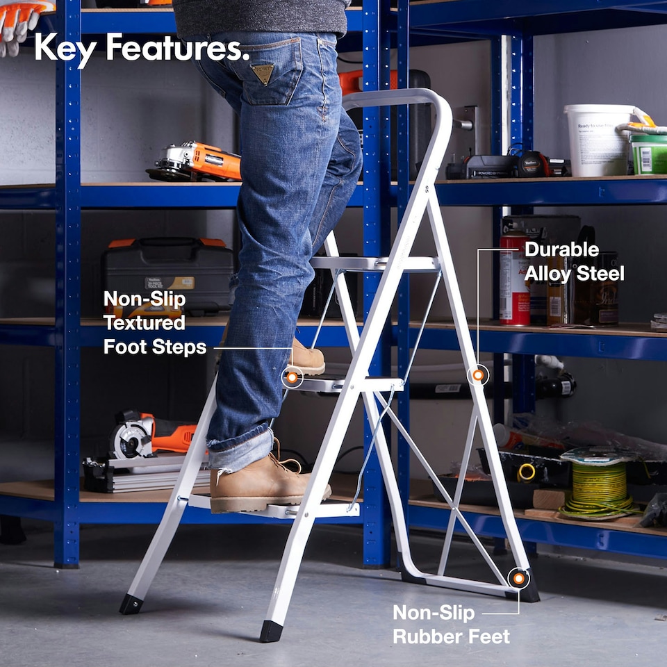 image 1 of VonHaus 3 Steel Folding Step Ladder with Anti Slip Feet