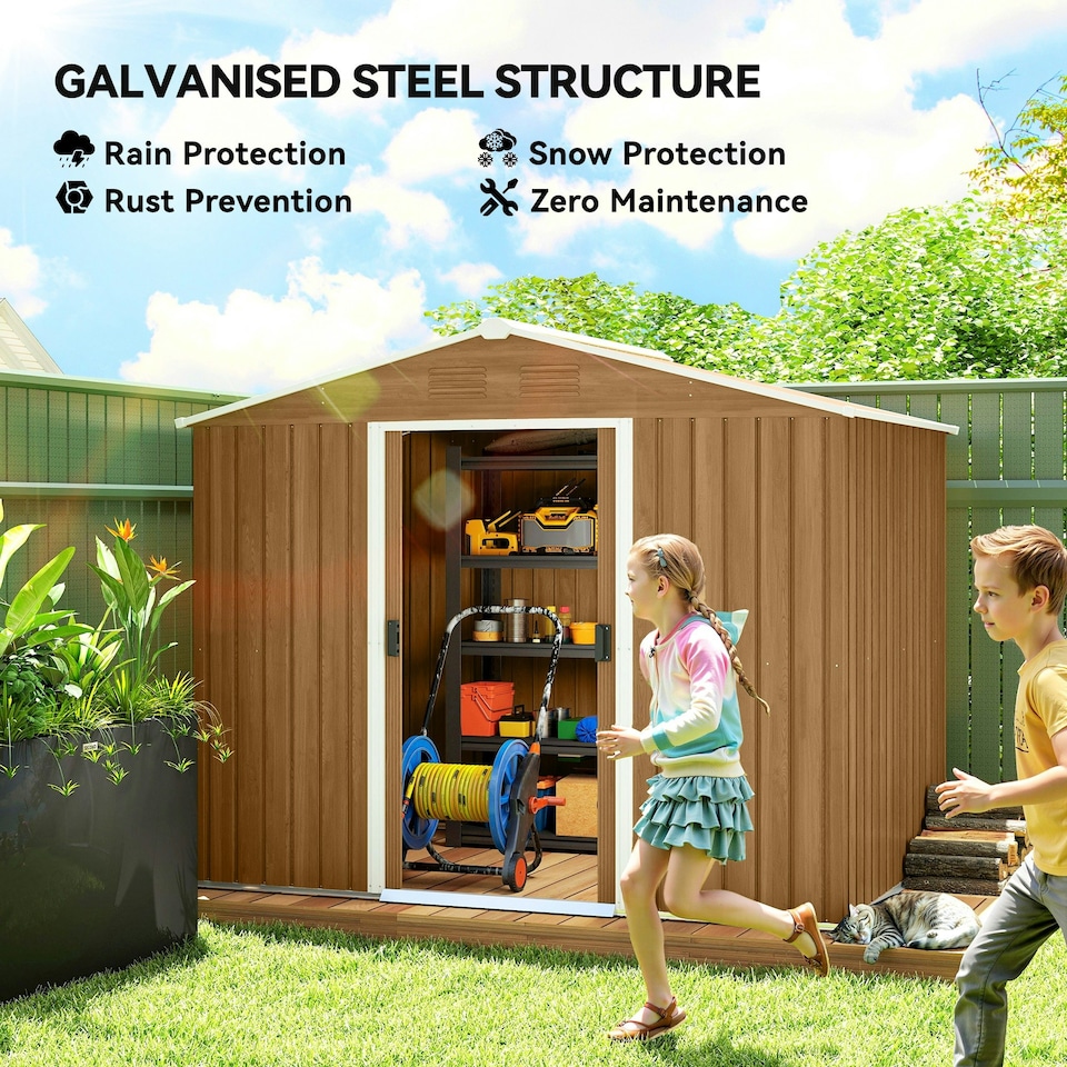 image 1 of Outsunny 8 x 6ft Garden Storage Shed with Double Door Brown Wood Effect 