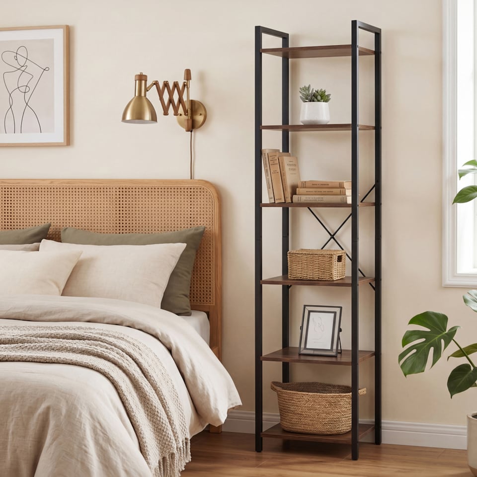 image 1 of Levede Book Shelf 6-Tier Narrow Shelves Space-Saving Steel Bedroom Walnut Brown