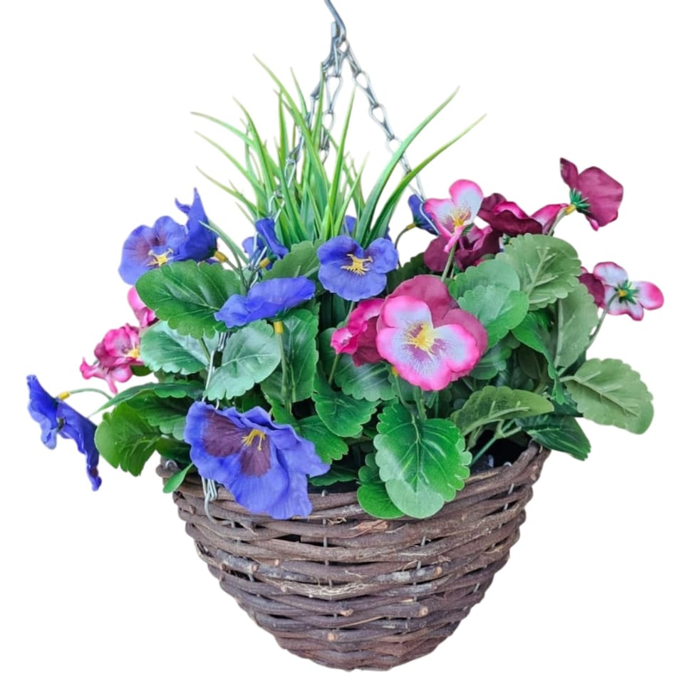 image 1 of Best Artificial Plum & Lilac Pansy Flower with Decorative Rattan Hanging Basket for Indoor or Outdoor Use | Purple | Plum & Lilac | 1