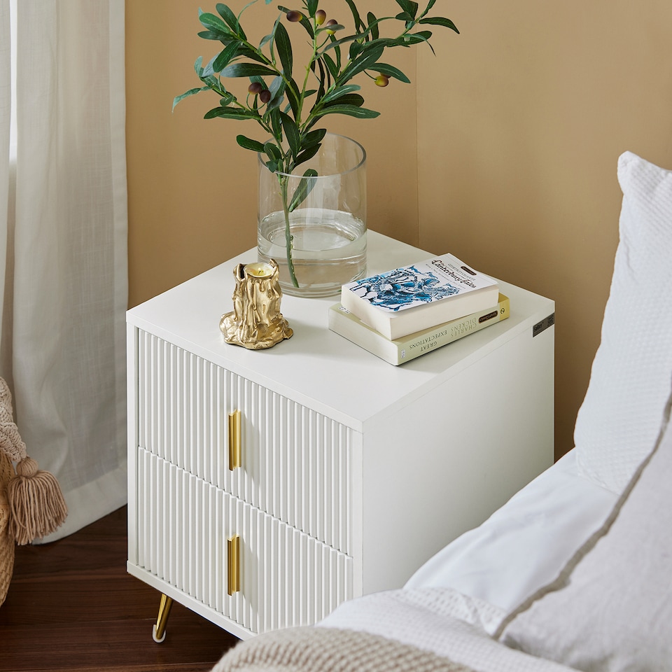 image 1 of SoBuy FBT115-W,2-Drawer Bedside Table Nightstand with Gold Handles | White | White | 1