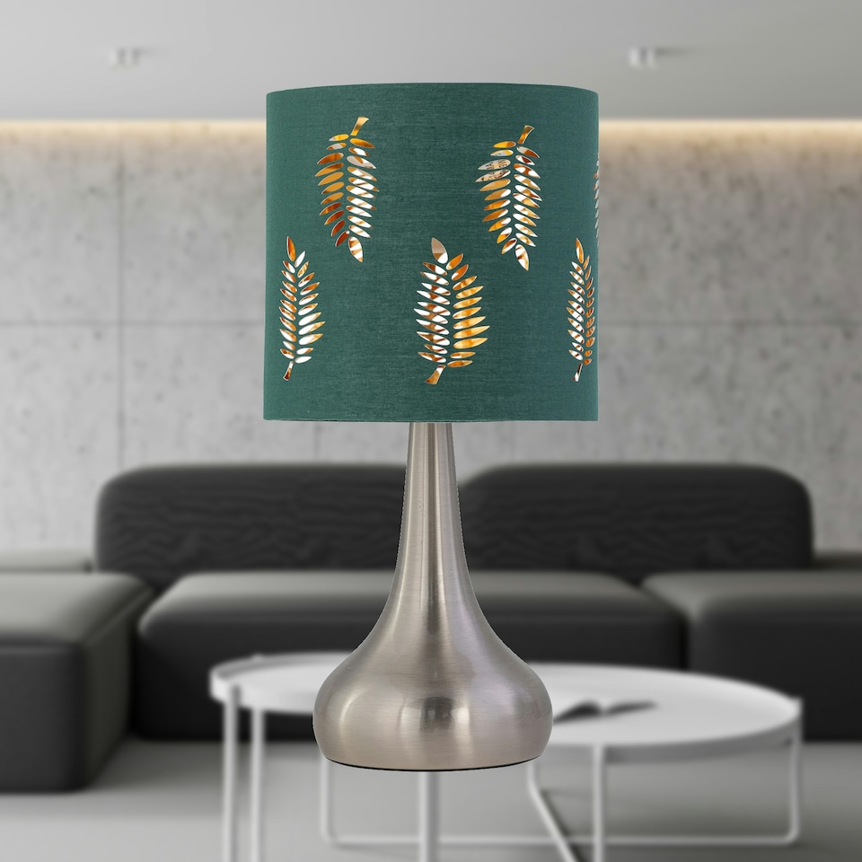 image 1 of Set of 2 Romana - Brushed Chrome Touch Operated Table Lamps Bedside Lights Dark Green Fern Shade Silver | Green