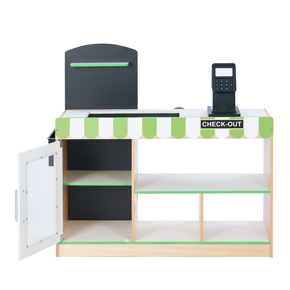 image 1 of Teamson Kids Cashier Interactive Play Checkout Counter Stand with 26 Accessories, Green/White