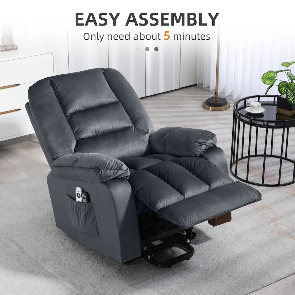 image 1 of HOMCOM Velvet Riser and Recliner Chair for the Elderly, Quick Assembly, Fabric Overstuffed Lift Chair with Vibration Massage and Heat, Remote Control, Side Pockets, Grey