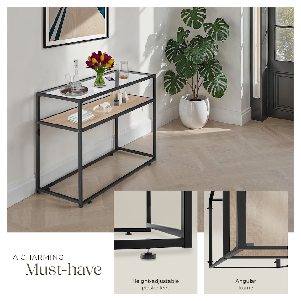 image 1 of Console Table Kilkenny - 2 shelves, with glass top surface | Brown | industrial wood light, oak Sonoma | 100 x 41 x 80,50 cm | 1