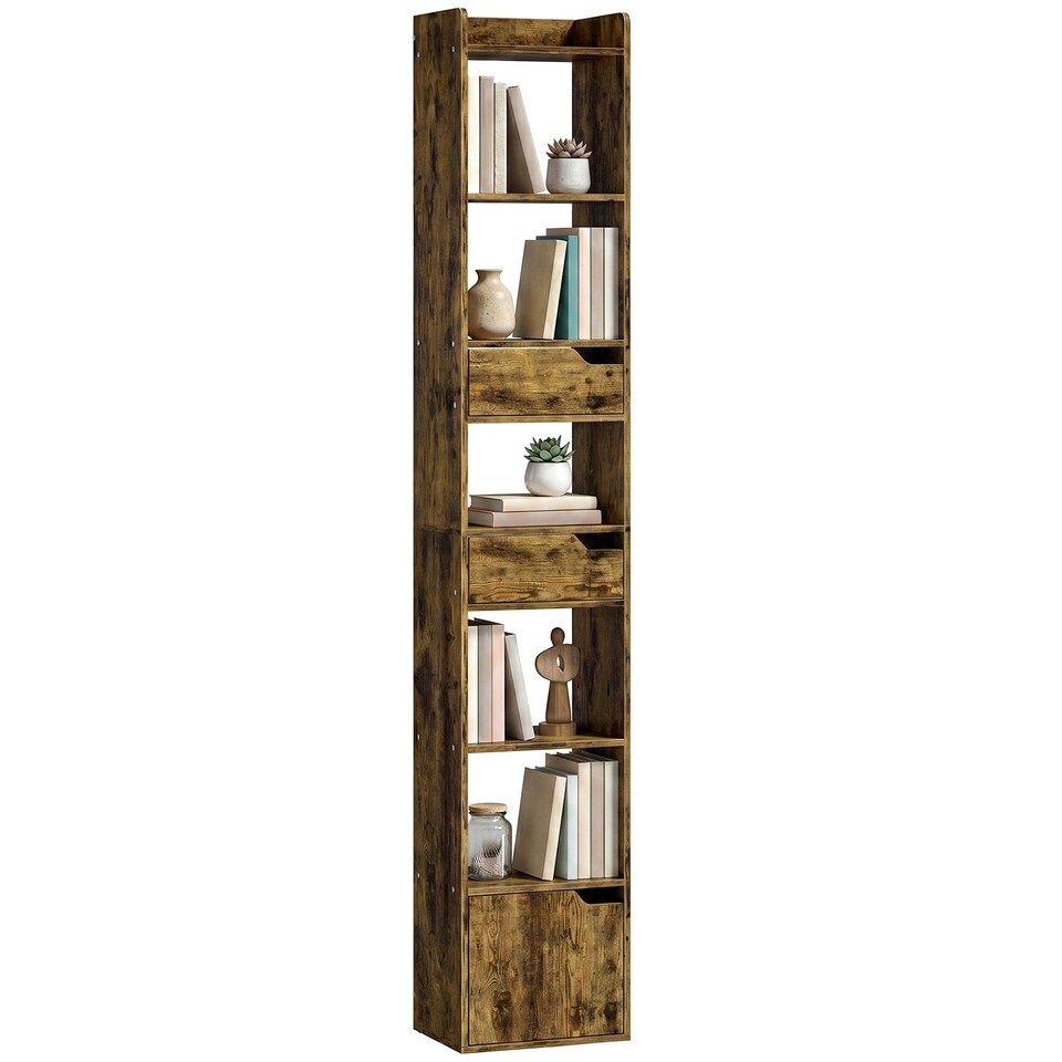 image 1 of HOMCOM Bookcase Tall Narrow with 5 Tiers Drawers