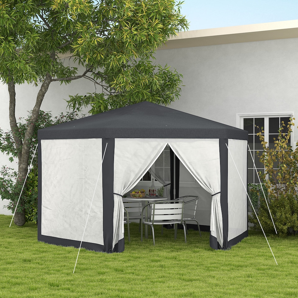 image 1 of Outsunny 4M Hexagon Gazebo, Netting Party Tent, Patio Canopy Outdoor Event Shelter for Activities, Shade Resistant, Dark Grey