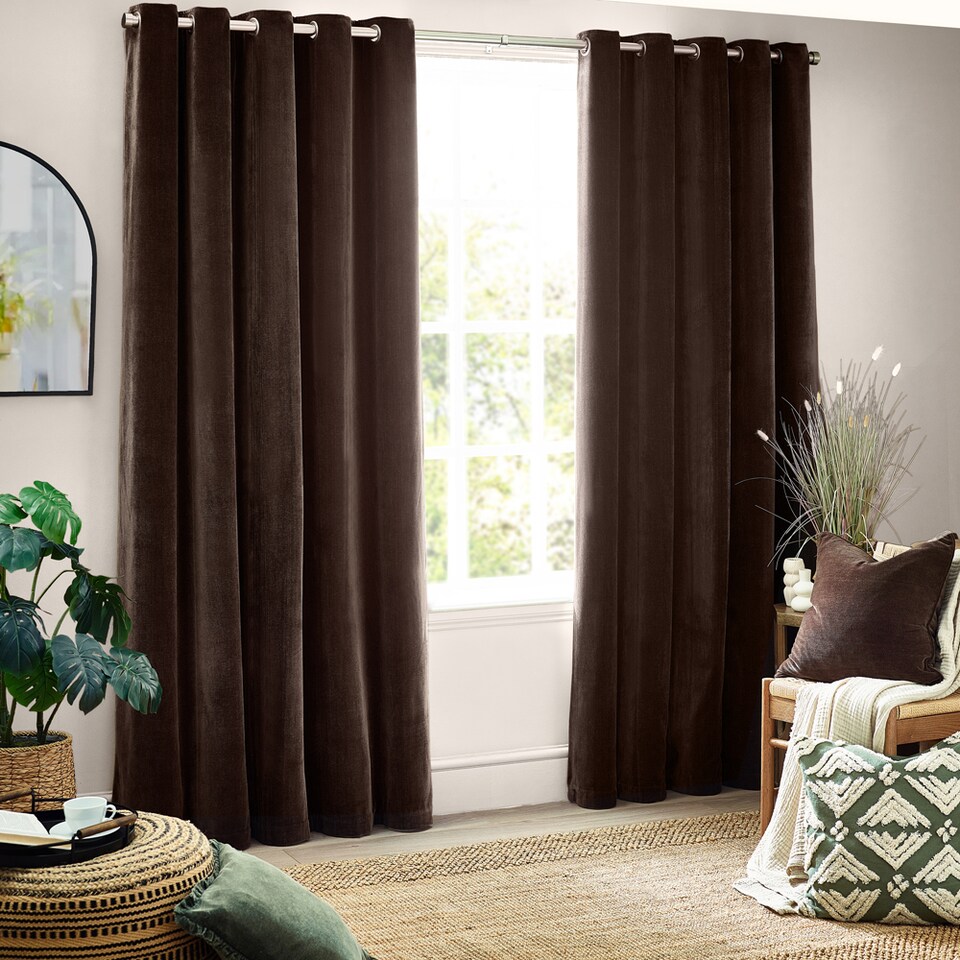 image 1 of Heavy Chenille Blackout Eyelet Curtain Pair | Brown | Brown | 2