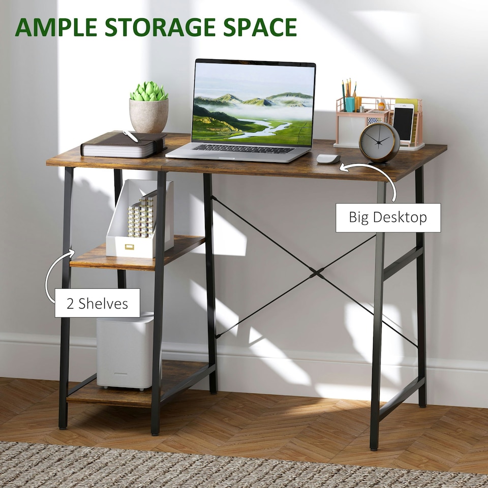 image 1 of HOMCOM 120cm Computer Table with Shelves and Steel Frame, Rustic Brown | Brown | Black | 120W x 60D x 76H cm
