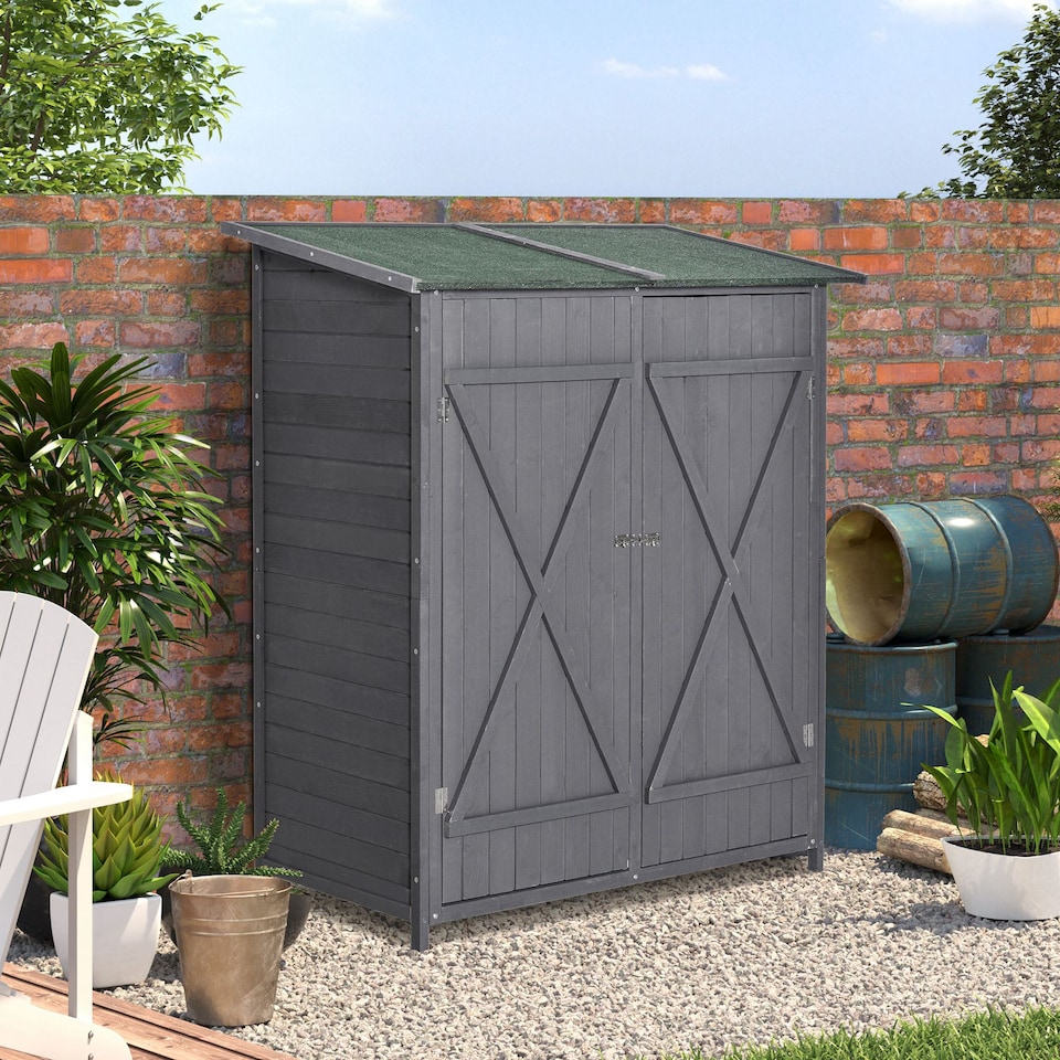 image 1 of Outsunny Small Shed, Wooden Garden Shed with Flexible Table, Hooks and Ground Nails, Lockable Tool Shed with Asphalt Roof, 140 x 75 x 157cm, Grey