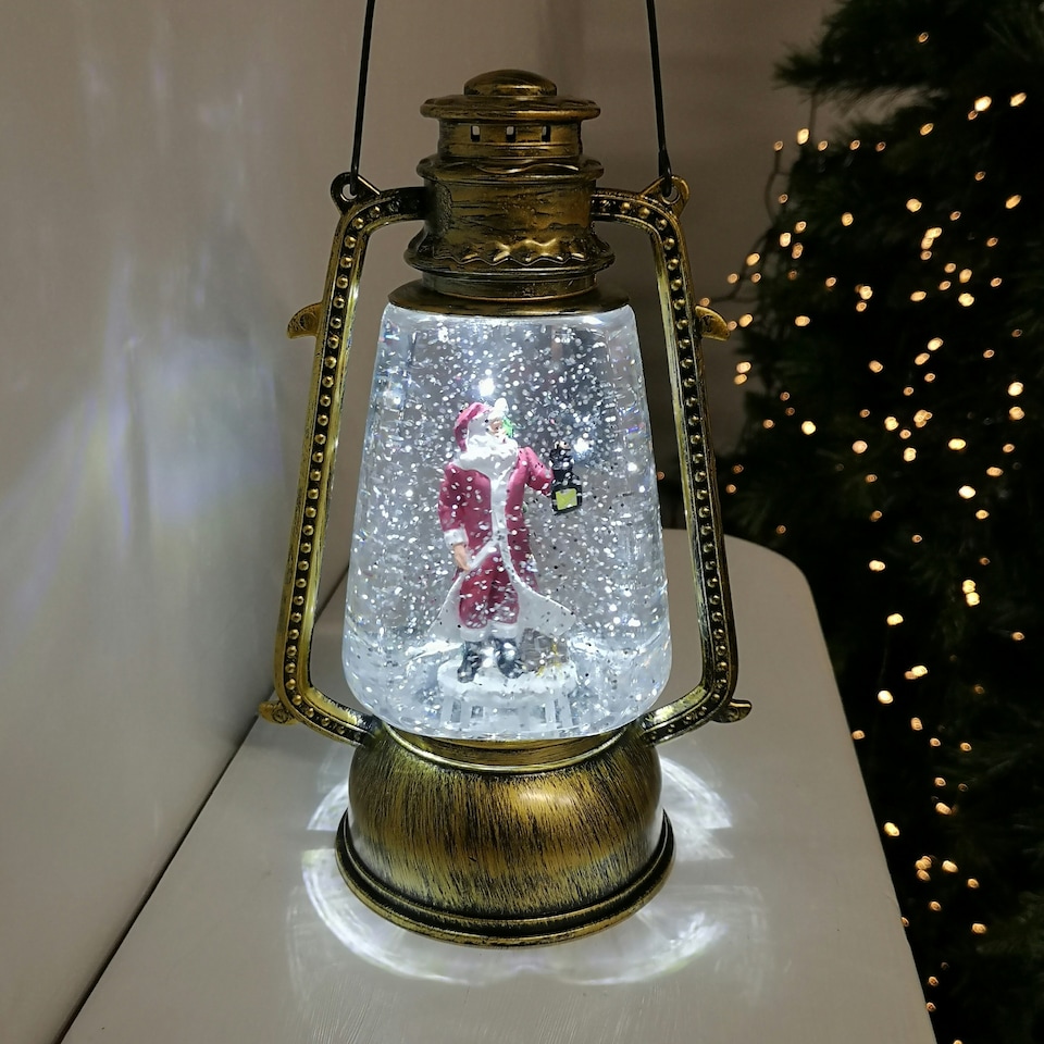 image 1 of 24cm Christmas Water Spinner Antique Gold Effect Hurricane Lantern Style  with Santa Scene