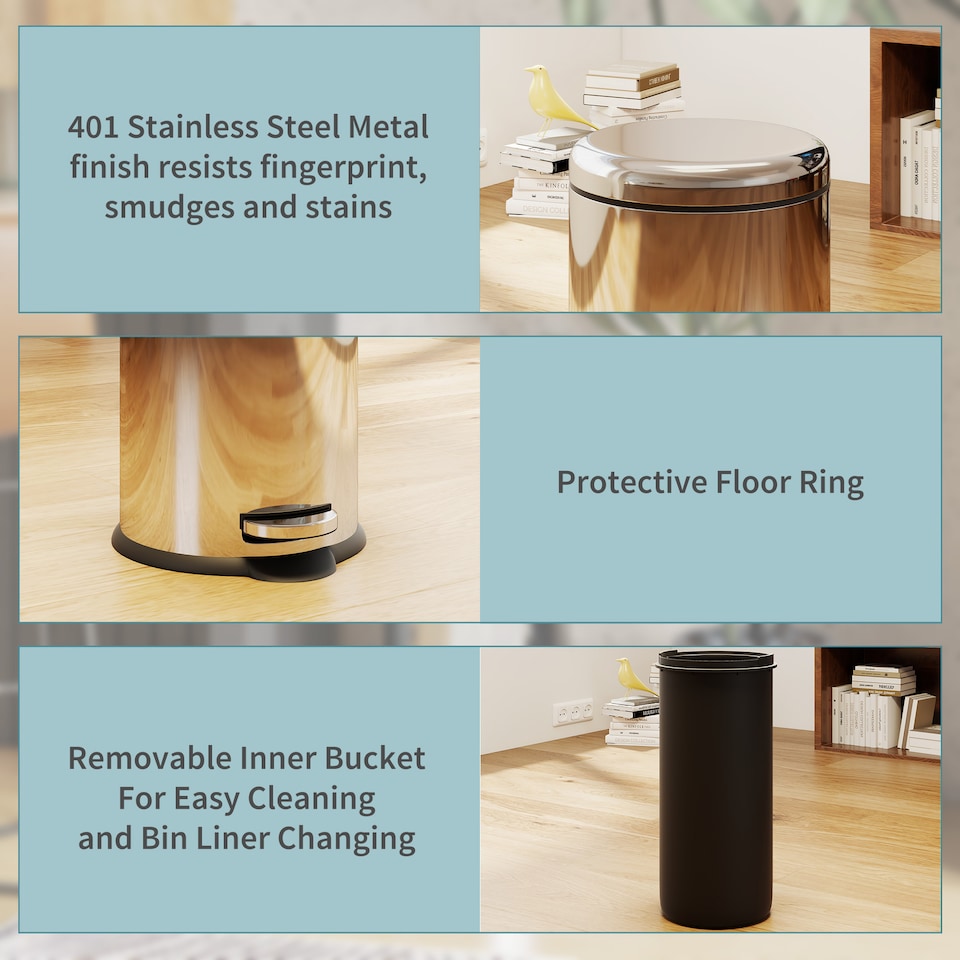 image 1 of HOMCOM Foot Pedal Bin Stainless Steel Metal Waste Rubbish Lid Kitchen Garbage