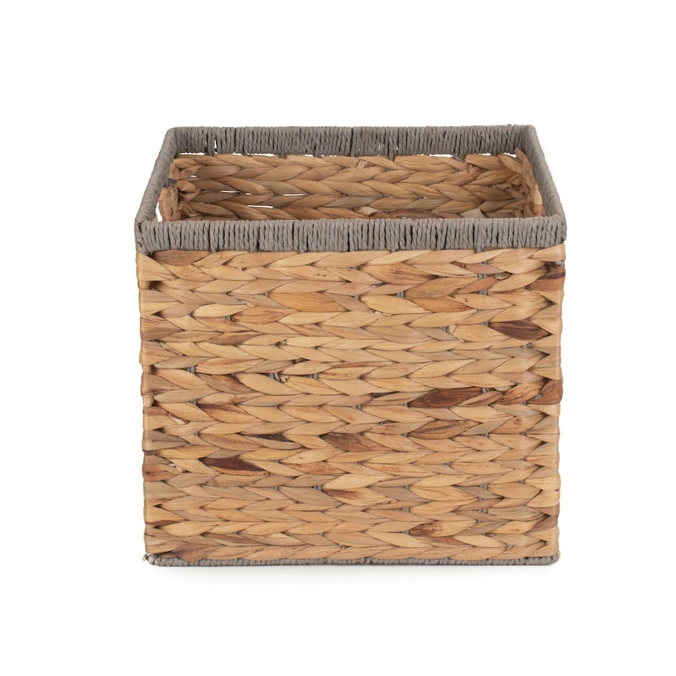 image 1 of Large Square Water Hyacinth With Grey Rope Border Storage Basket | Brown | Brown | L