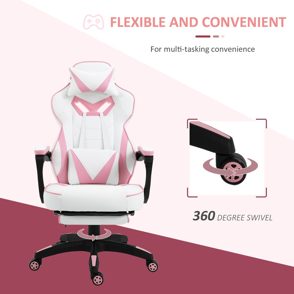 image 1 of Vinsetto Computer Gaming Chair, Racing Desk Chair with Lumbar Support and Footrest, PU Leather Gamer Chair with Headrest and Swivel Wheels for Home, Pink