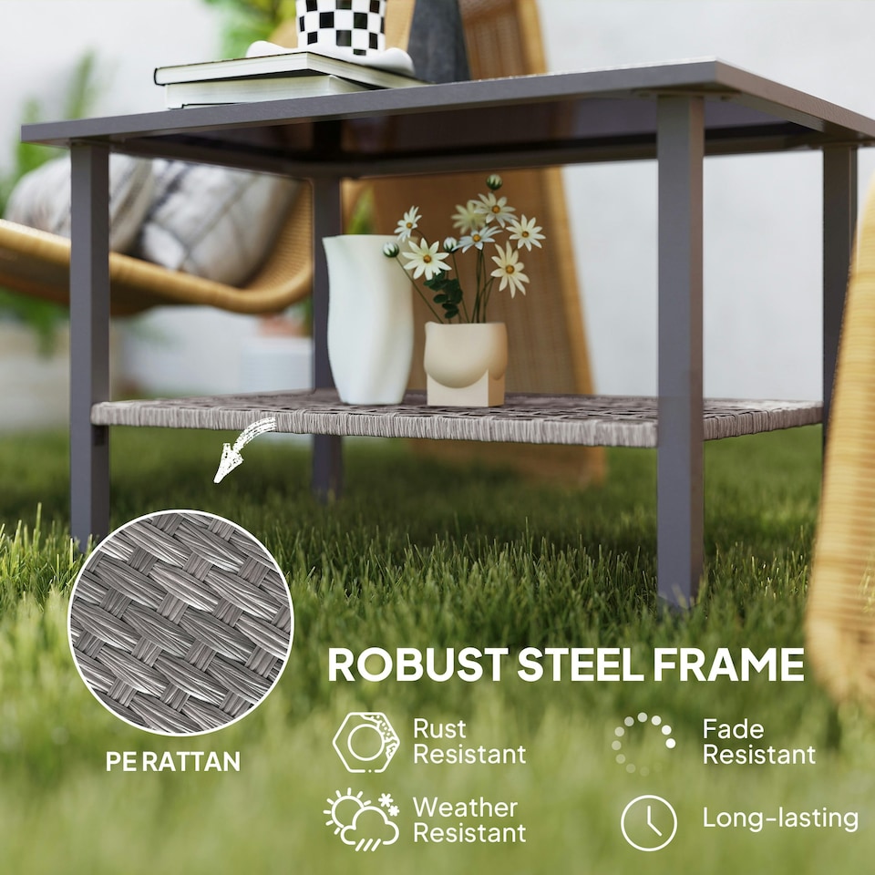 image 1 of Outsunny Outdoor Rattan Coffee Table, Rectangular Tea Side Table, Mixed-grey