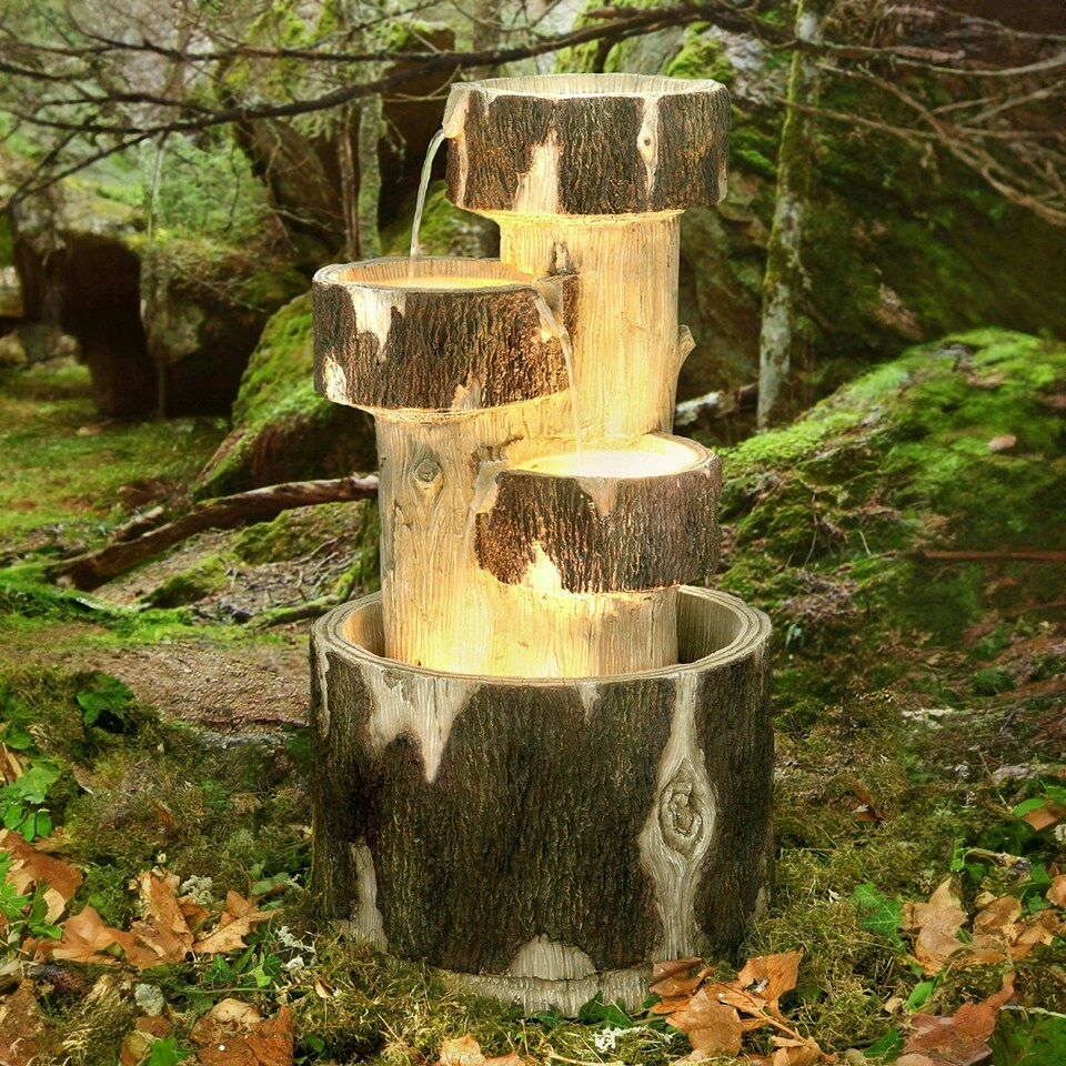 image 1 of Primrose 3 Tier Log Design Cascading Patio Water Feature with Lights Brown 75cm
