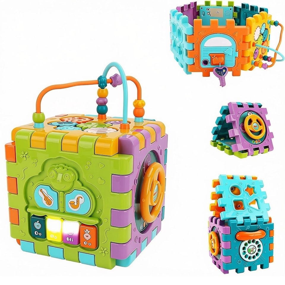 image 1 of 6-in-1 Educational Baby Activity Cube with Music, Lights, Piano, Shape Sorter, Steering Wheel & Phone - Montessori Learning Toy for Babies 6-12 Months & Toddlers 1-3 Years - Sensory Development Gift