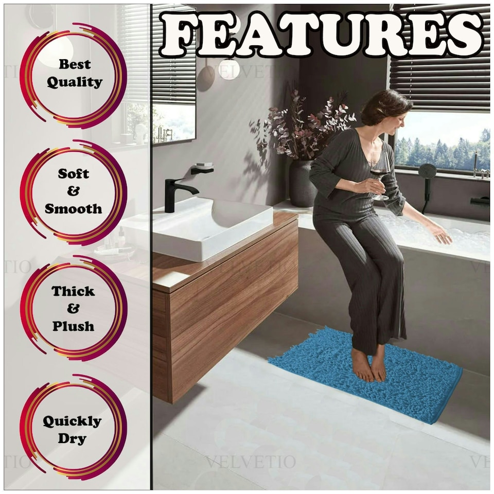 image 1 of VELVETIO Loop Bath Set Anti Slip Water Absorbent Soft Bathroom Rugs Blue | Peacock