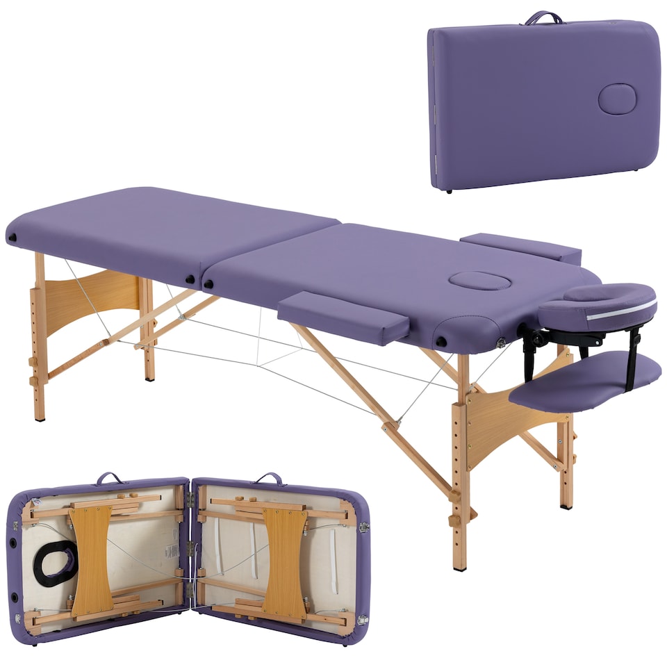 image 1 of HOMCOM Portable Massage Bed, Folding Spa Beauty Massage Table with 2 Sections, Carry Bag and Wooden Frame, Purple