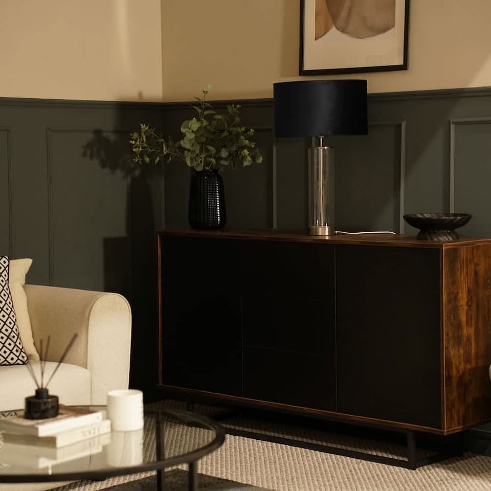 image 1 of ValueLights Balan Brushed Chrome Table Lamp Black Velvet Shade and Bulb