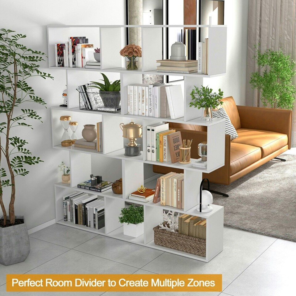 image 1 of COSTWAY 5-tier Bookcase S-Shaped Bookshelf Display Rack White White
