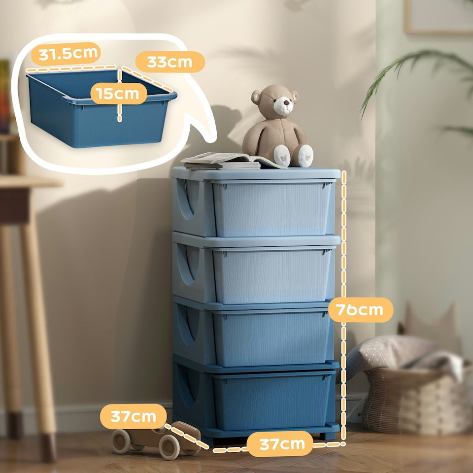 image 1 of HOMCOM Kids Storage Units with Drawers 3 Tier Chest Dresser Tower Blue | 37 x 37 x 76 cm