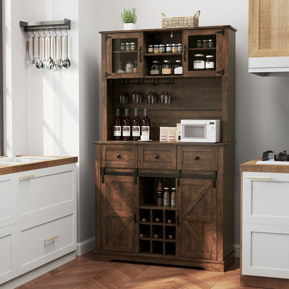 image 1 of COSTWAY 184cm Tall Kitchen Cupboard Buffet Storage Cabinet Brown