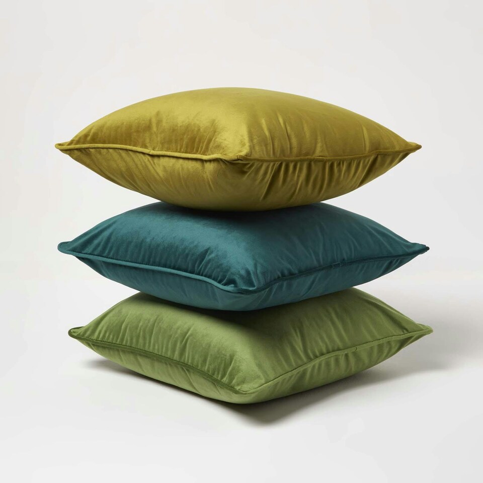 image 1 of Homescapes Olive Green Filled Velvet Cushion with Piped Edge - 46 x 46 cm | Green | Olive Green | 1