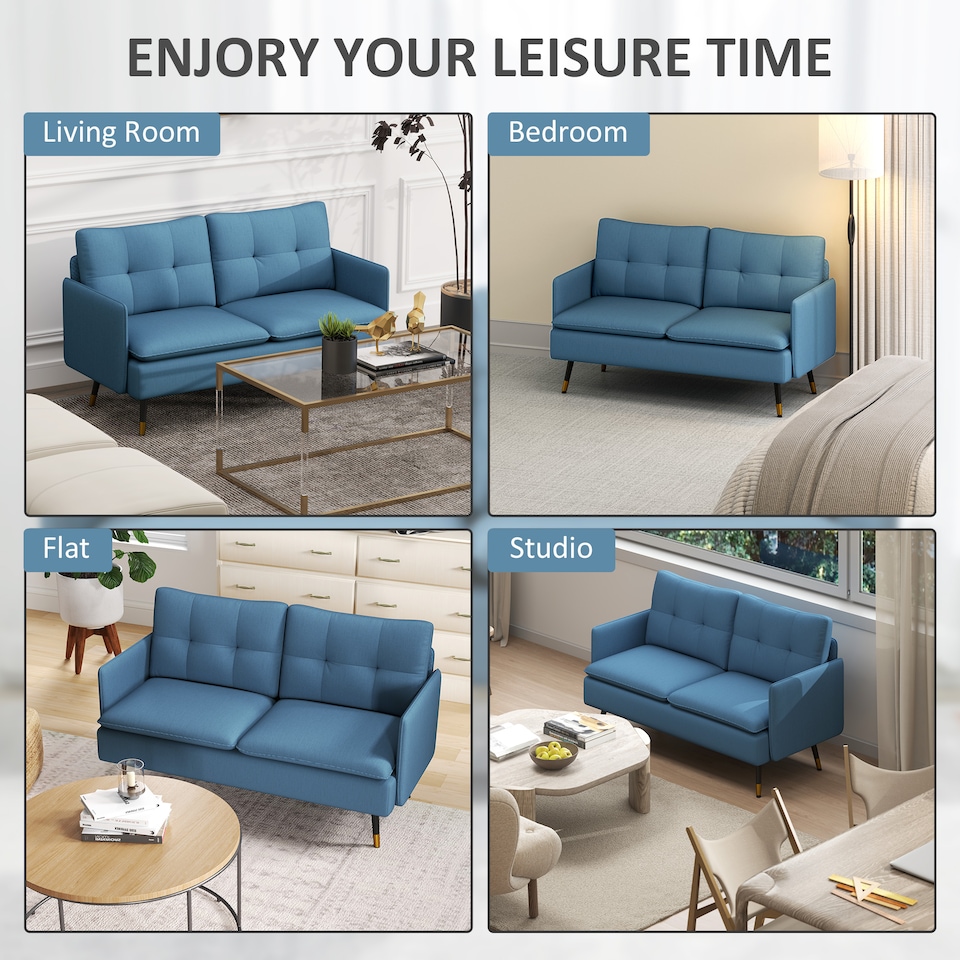 image 1 of HOMCOM Modern Two Seater Sofa, Button Tufted Loveseat with Cushions and Steel Legs for Living Room, Guest Room, Dark Blue