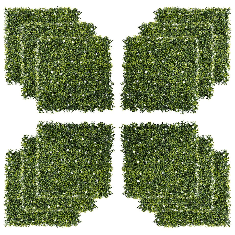 image 1 of Outsunny 12PCS 50cm x 50cm Artificial Boxwood Panel Milan Grass with Flowers