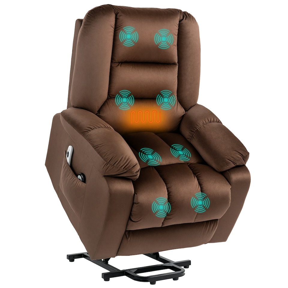 image 1 of HOMCOM Velvet Riser and Recliner Chair for the Elderly, Quick Assembly, Fabric Overstuffed Lift Chair with Vibration Massage and Heat, Remote Control, Side Pockets, Dark Brown | Brown | Dark brown