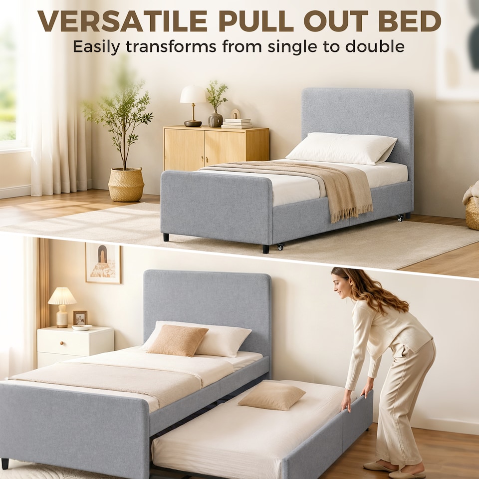 image 1 of HOMCOM 90 x 190 cm Upholstered Single Bed, Pull Out Trundle Bed
