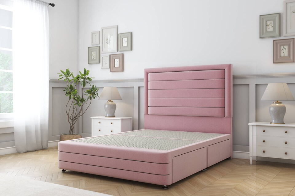 image 1 of Sloomy Ashford Pink Plush Divan Bed Base 2 Drawers Left Side With 26 Inch Strutted Headboard & 12 Inch Matching Footboard | Pink | Pink | Single | 1