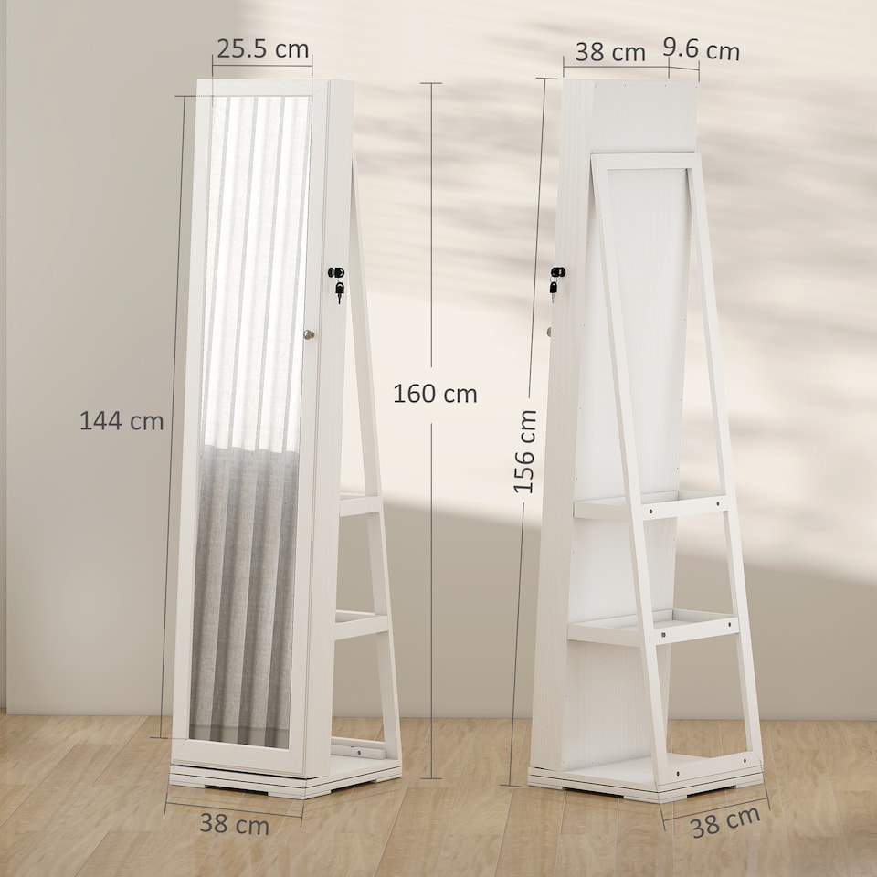 image 1 of HOMCOM 360  Swivel Jewellery Cabinet, Free Standing Full Length Mirror with Storage, Lockable Jewellery Organiser with Built-in Makeup Mirror and Storage Shelves for Bedroom, White