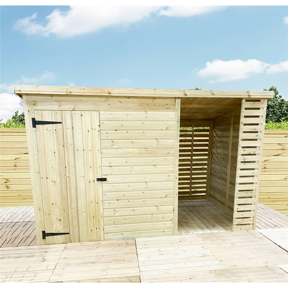 image 1 of 10 x 4 Garden Shed Pressure Treated T&G PENT Wooden Garden Shed + SIDE STORAGE (10' x 4' / 10ft x 4ft) (10 x 4)