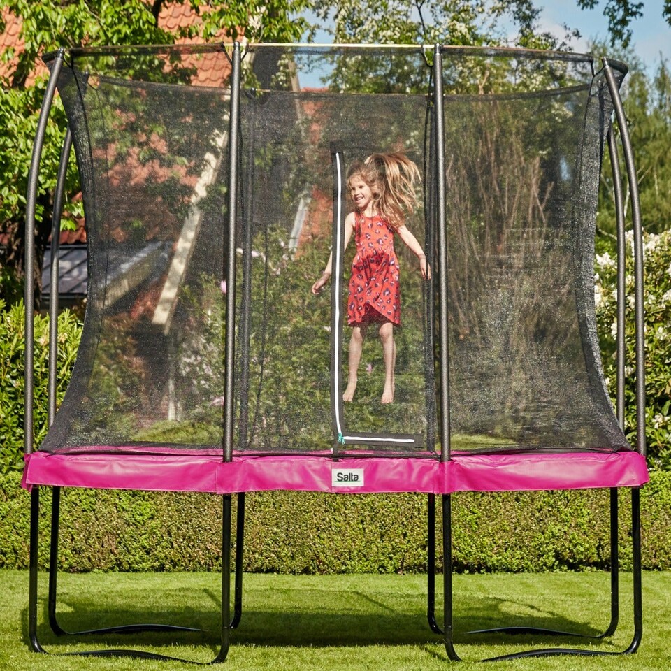 image 1 of 7ft x 5ft Salta Comfort Edition Rectangular Trampoline with Pink Safety Padding and Enclosure