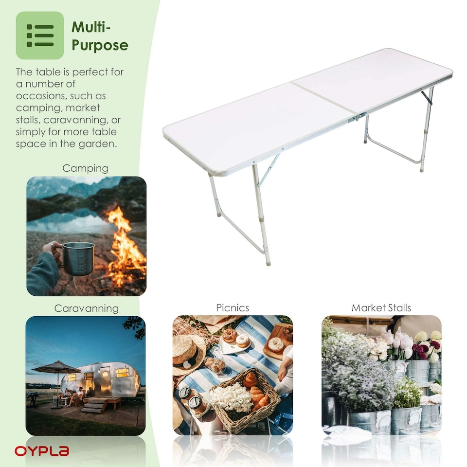 image 1 of Oypla 6ft Folding Outdoor Camping Picnic Market Kitchen Work Top Table White