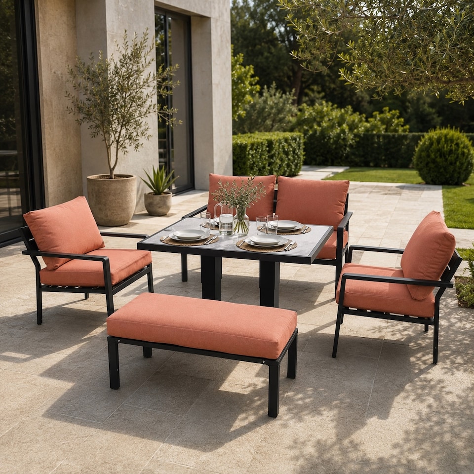 image 1 of 4 Seater 5 Piece Aluminium Garden Sofa Dining Set with Gas Lift Table, Ottoman Bench & Terracotta Cushions