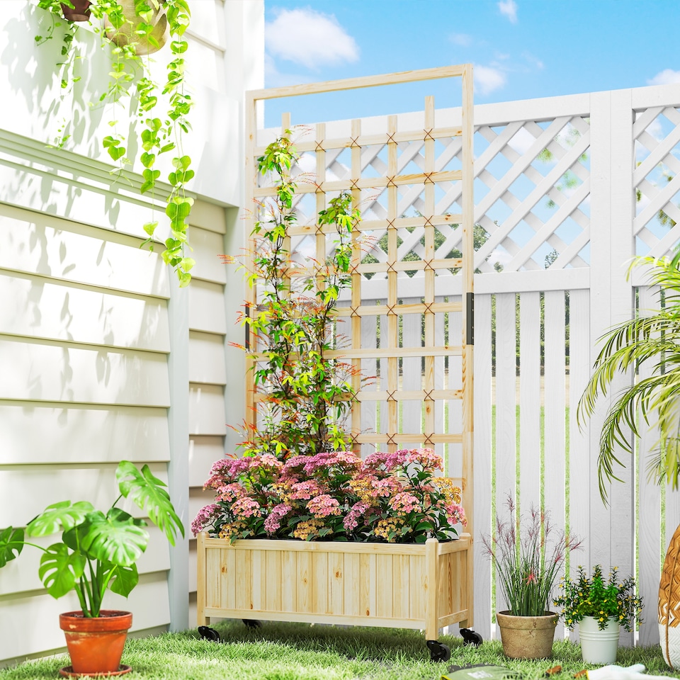 image 1 of Outsunny Wooden Trellis Planter, Raised Garden Bed with Wheels, Natural