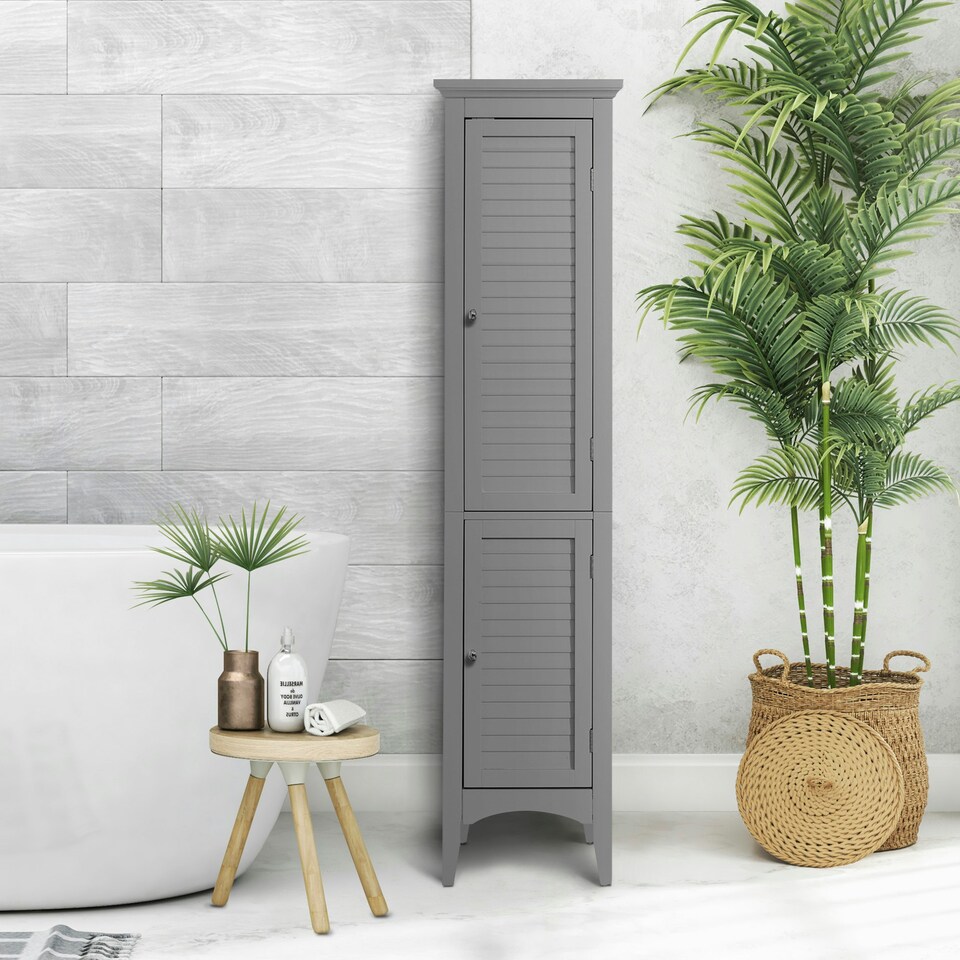 image 1 of Teamson Home Wooden Bathroom Cabinet Tall Standing Grey Glancy