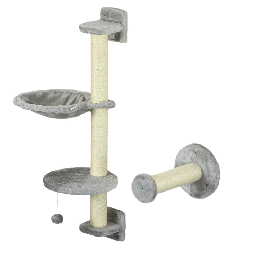 image 1 of PawHut 4Pcs Wall Mounted Cat Shelves with Hammock, Scratching Post, Grey
