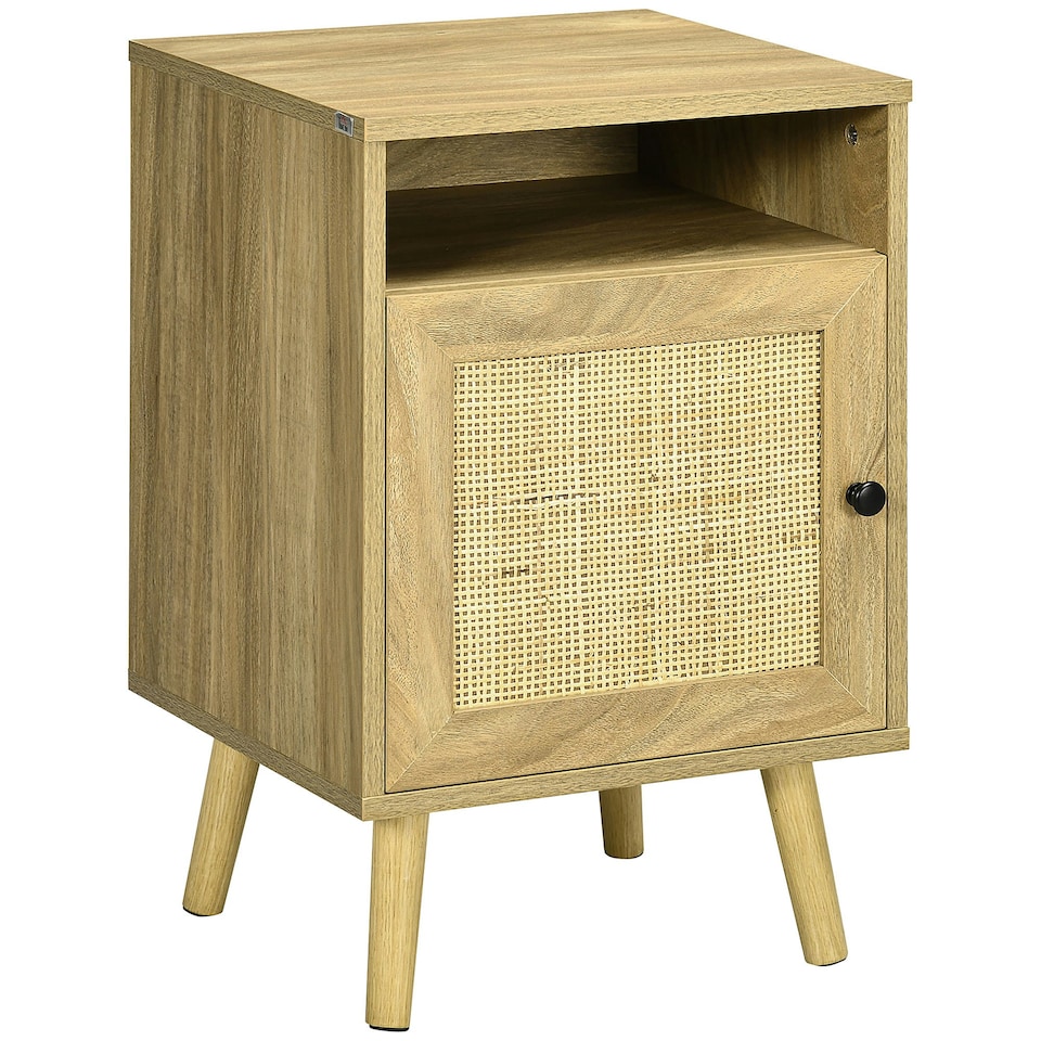 image 1 of HOMCOM Nightstand, Rattan Bedside Table w/ Cabinet, Shelf, Natural