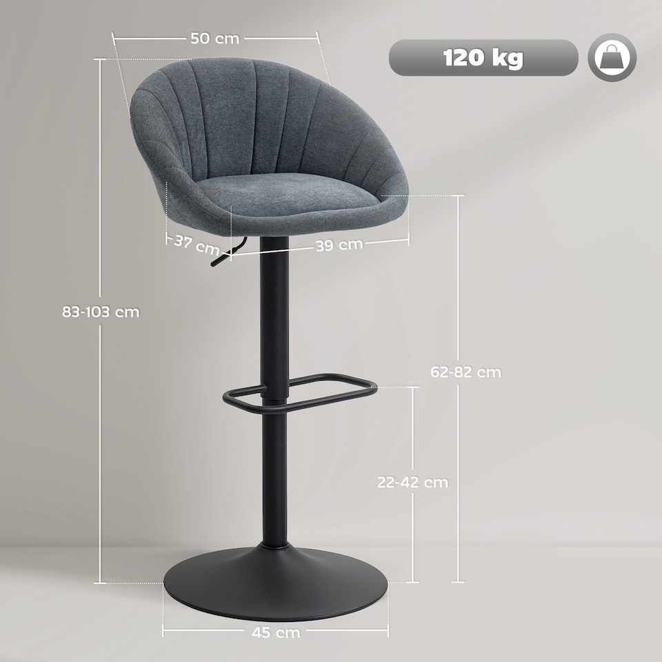 image 1 of HOMCOM Bar Stools Set of 2, Upholstered Swivel Barstools, Height Adjustable Breakfast Bar Chairs with Backrest and Footrest for Kitchen Island Counter, Dining Room, Dark Grey | Grey