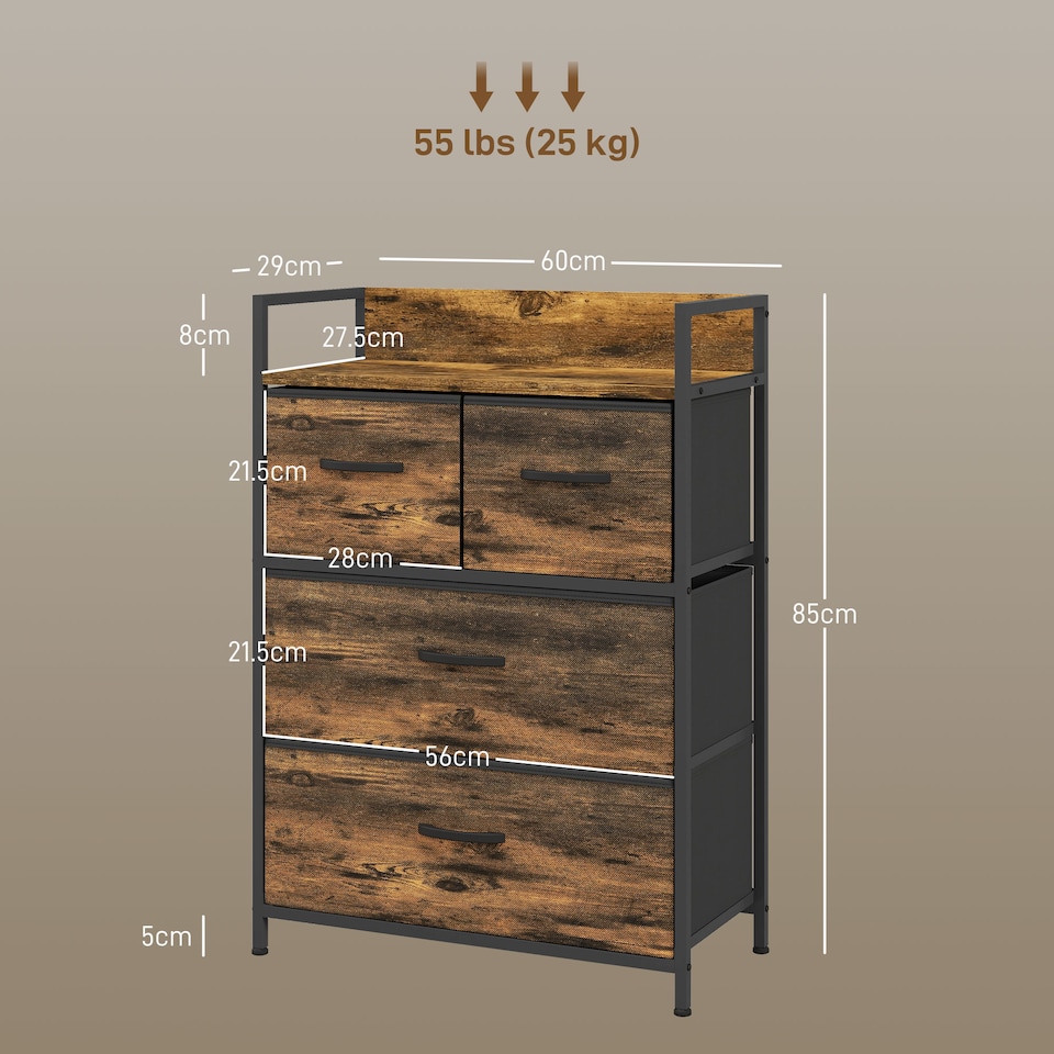 image 1 of HOMCOM Bedroom Chest of Drawers, Fabric Dresser with 4 Drawers, Storage Organiser Unit with Open Shelf and Metal Frame for Living Room, Entryway, Rustic Brown